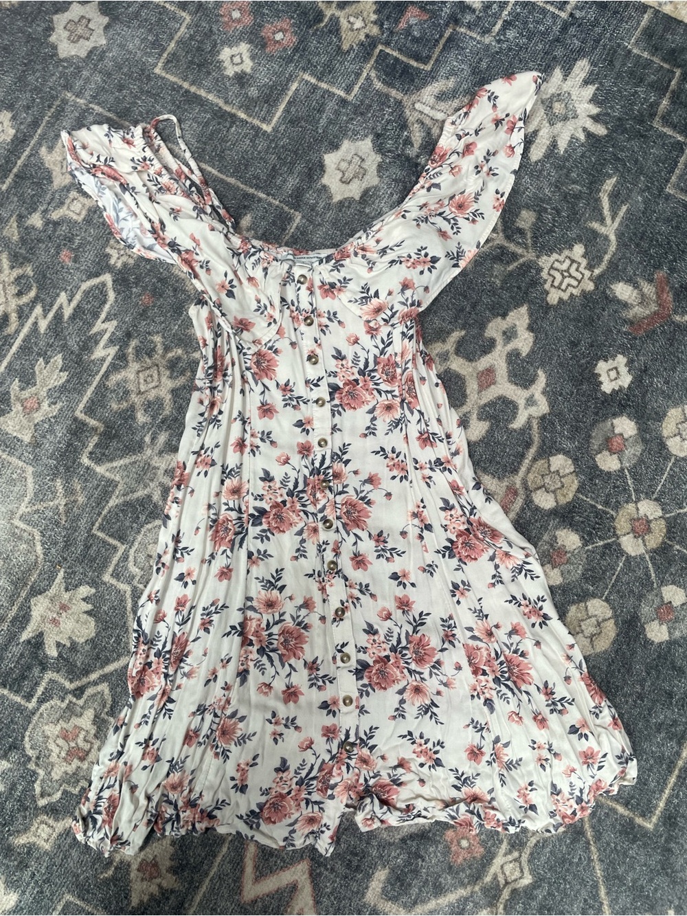 American Eagle Outfitters White Floral Button-Front Dress with Pink Blossoms